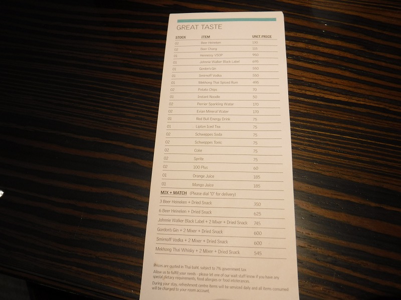 バンコクシーロム地区にあるホテル_ル・メリディアンバンコク_冷蔵庫飲み物の価格表