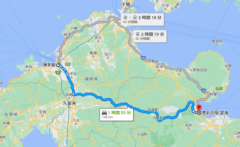 JR博多駅から別府温泉まで_GoogleMapキャプチャ