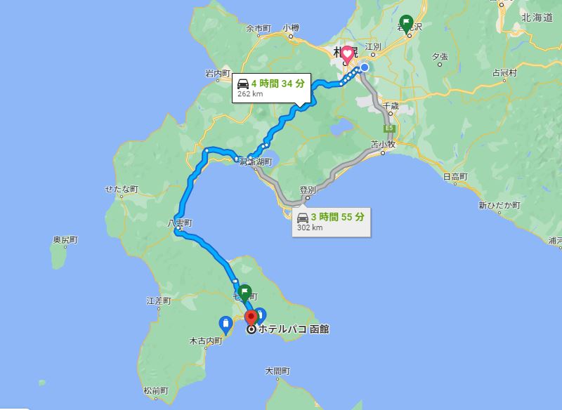 札幌からホテルパコ函館別亭まで_Googlemapキャプチャ