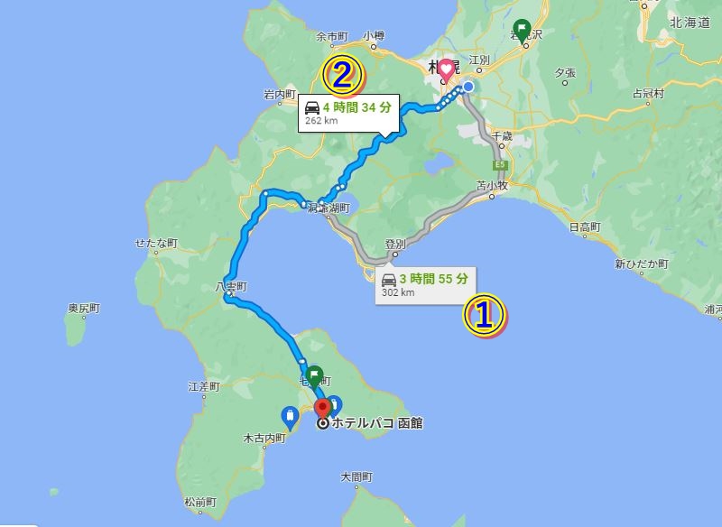 札幌からホテルパコ函館別亭まで1_Googlemapキャプチャ